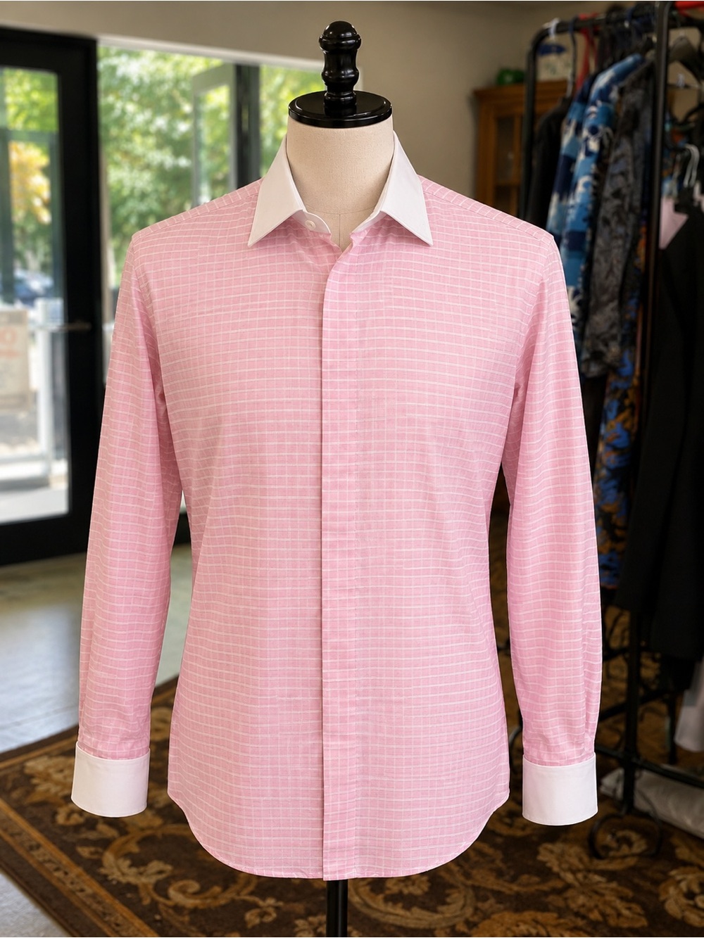 Pink Windowpane Dress Shirt with White Contrast Collar